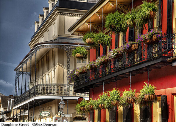 fancy historical architecture on Dauphine Street in New Orleans.