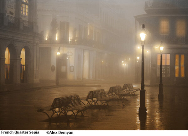 foggy mysterious New Orleans street with lamps and benches.