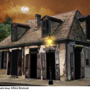 Lafittes Blacksmith Shop with a spooky orange sky.