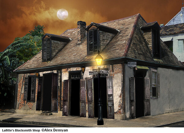 Lafittes Blacksmith Shop with a spooky orange sky.