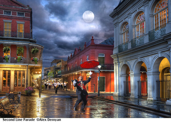 eccentric man holding umbrella in New Orleans Second Street.