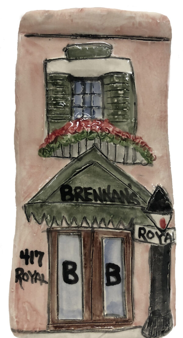 tall ceramic painting of Brennans in New Orleans.