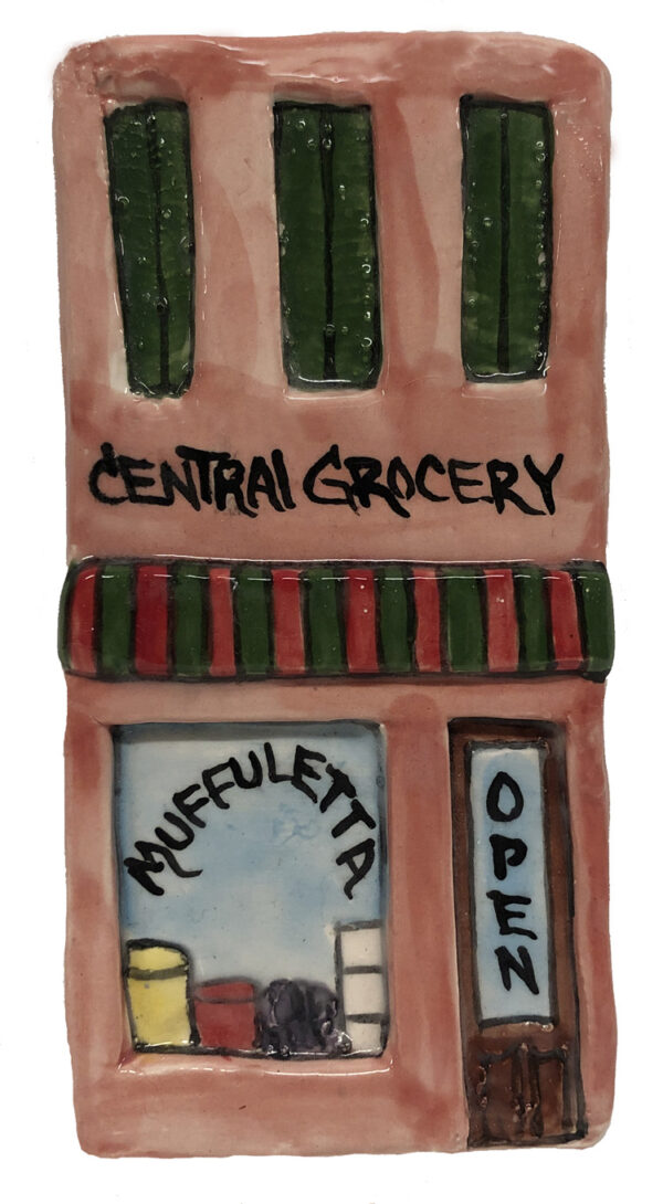 ceramic plaque of Central Grocery store in New Orleans.