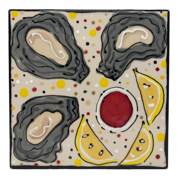 Oyster Trio painted ceramic tile.