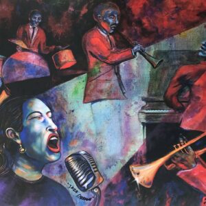 modern art painting of jazz musicians from new orleans.