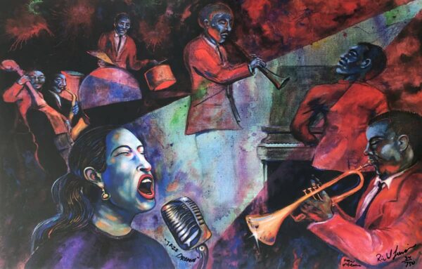 modern art painting of jazz musicians from new orleans.