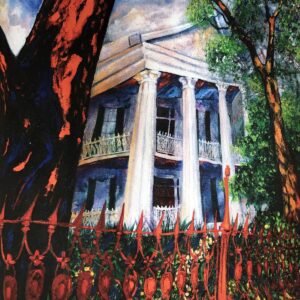 Modern art vibrantly colored painting of New Olreans house that resembles the haunted mansion at disneyland.