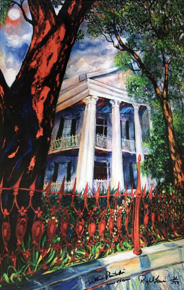 Modern art vibrantly colored painting of New Olreans house that resembles the haunted mansion at disneyland.
