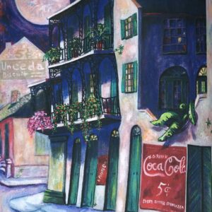 abstract painting of New Orleans featuring a 5 cent CocaCola sign.