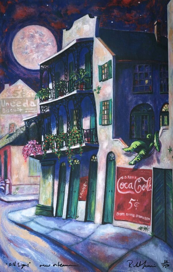abstract painting of New Orleans featuring a 5 cent CocaCola sign.