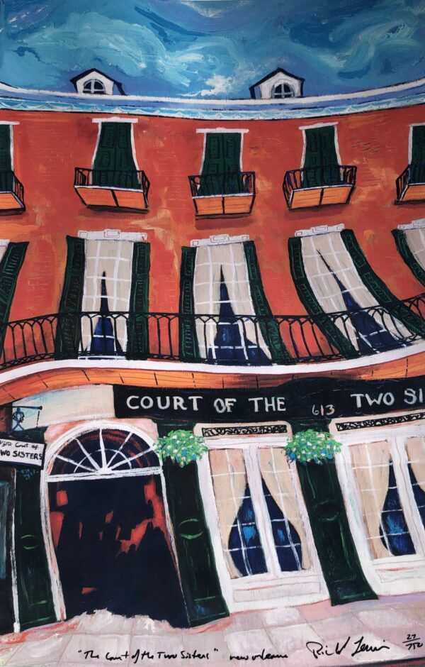 modern art painting of distorted building, the cournt of two sisters.