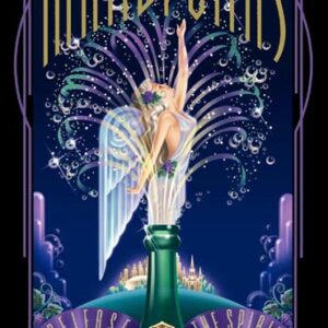 Art deco design of a woman with wings popping out of champagne bottle