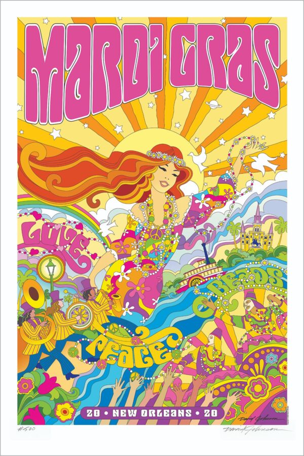 60's theme Mardi Gras depiction. Love, Peace & Beads 2020