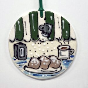 Coffee & Beignets hand painted ornament.