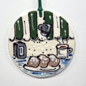 Coffee & Beignets hand painted ornament.