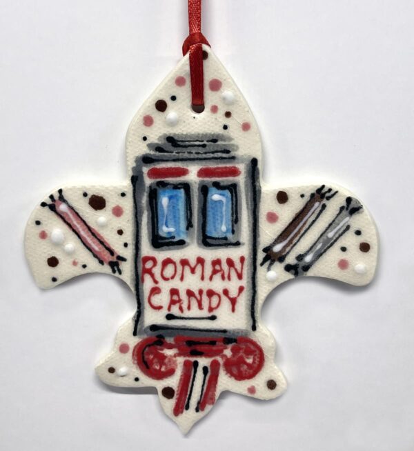 Roman Candy ceramic ornament.