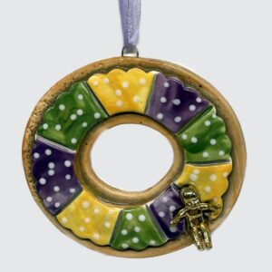 King Cake Ceramic Ornament in Purple, Green & Gold with gold color king cake baby.