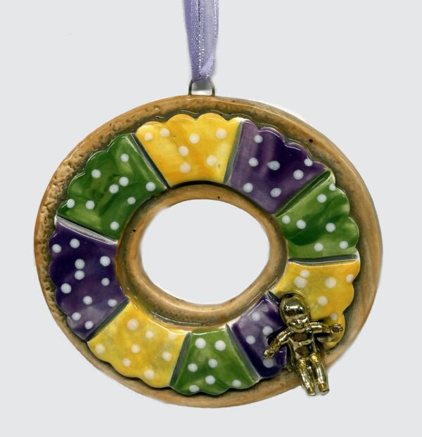 King Cake Ceramic Ornament in Purple, Green & Gold with gold color king cake baby.