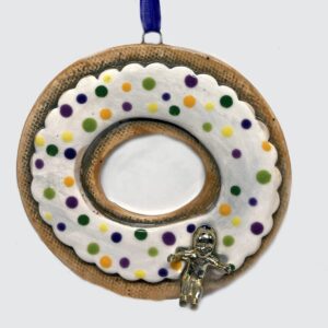 King Cake Ceramic Ornament white with Purple, Green & Gold accents plus gold color king cake baby.