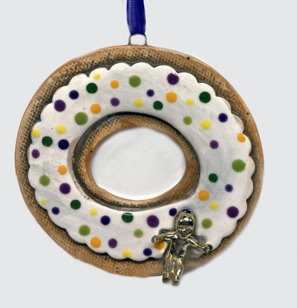 King Cake Ceramic Ornament white with Purple, Green & Gold accents plus gold color king cake baby.