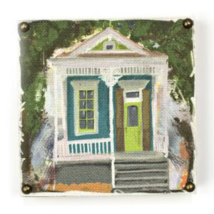 Wooden art block with Creole Cottage image printed on fabric.