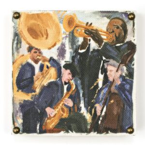 Wooden art block with Jazz Musicians image printed on fabric.