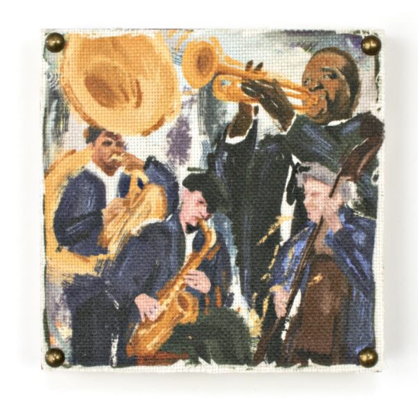 Wooden art block with Jazz Musicians image printed on fabric.