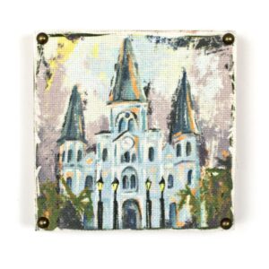 Wooden art block with the infamous St. Louis Cathedral image printed on fabric.