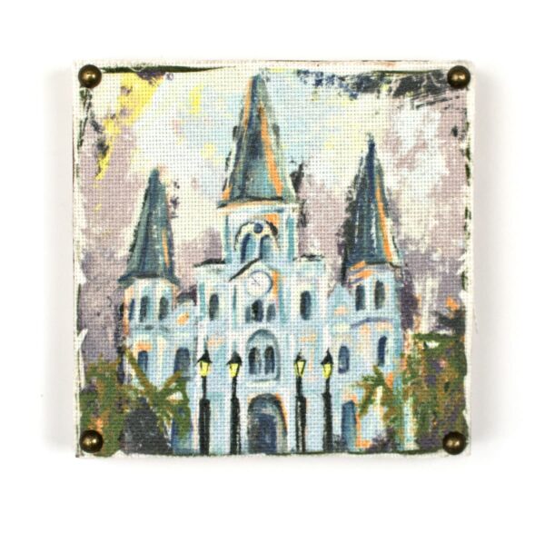 Wooden art block with the infamous St. Louis Cathedral image printed on fabric.