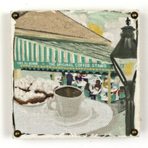 Wooden art block with Café du Monde image printed on fabric.