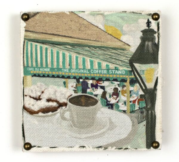 Wooden art block with Café du Monde image printed on fabric.