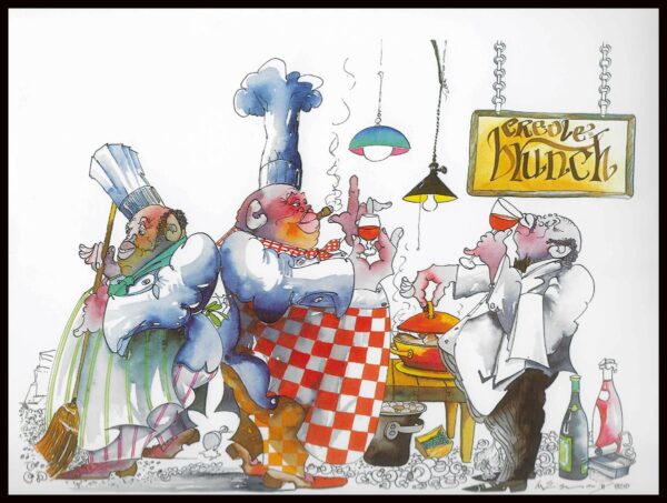 Creole Brunch matted watercolor print by Leo Meiersdorff from 1982.