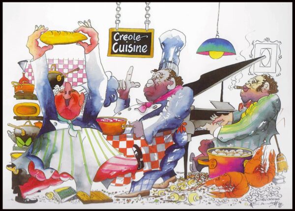 Creole Cuisine matted watercolor print by Leo Meiersdorff from 1982.