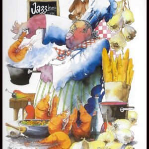 Jazz Brunch matted watercolor print by Leo Meiersdorff from 1982.