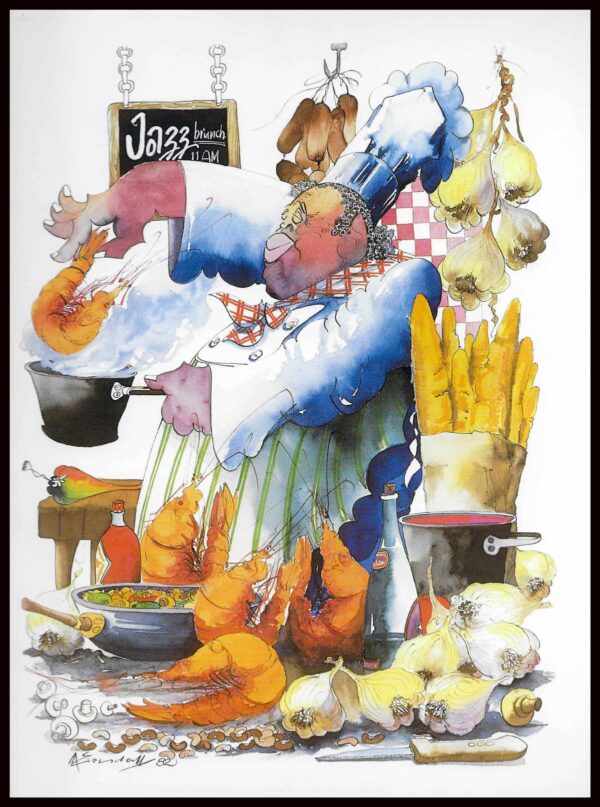 Jazz Brunch matted watercolor print by Leo Meiersdorff from 1982.