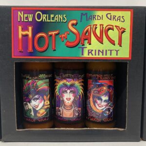 3 Mardi Gras Themed Bottles of Hot Sauce - label art featuring Andrea Mistretta Mardi Gras art.