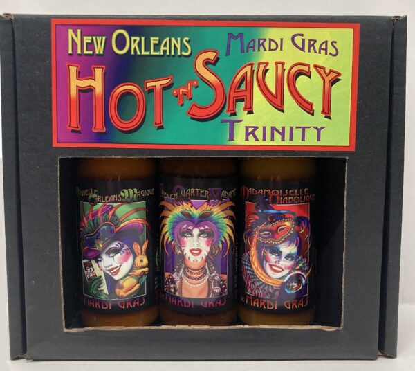 3 Mardi Gras Themed Bottles of Hot Sauce - label art featuring Andrea Mistretta Mardi Gras art.