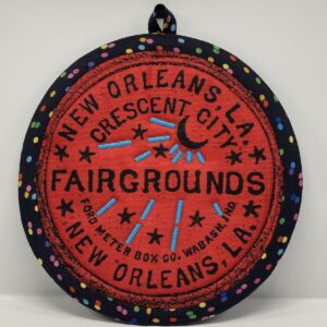 New Orleans' water meter inspired Potholders named for NOLA neighborhoods by Tracy Thomson of Kabuki Designs.