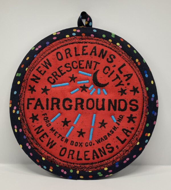 New Orleans' water meter inspired Potholders named for NOLA neighborhoods by Tracy Thomson of Kabuki Designs.