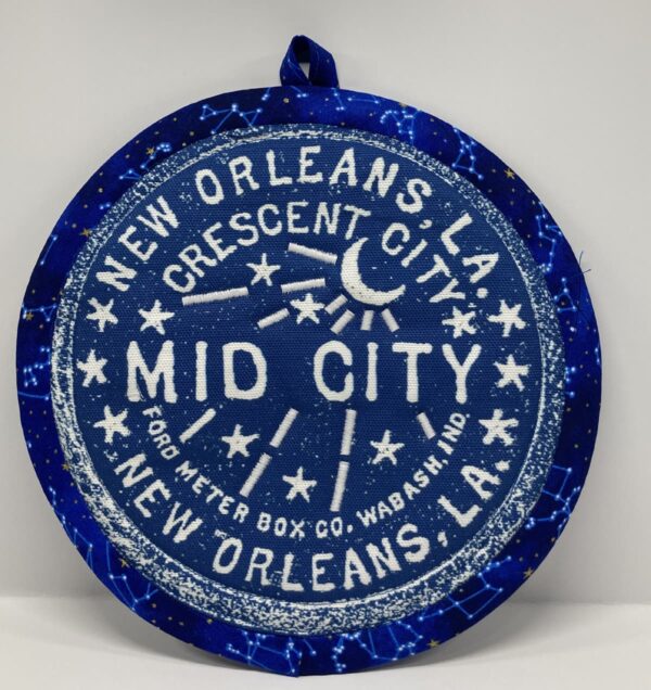 New Orleans' water meter inspired Potholders named for NOLA neighborhoods by Tracy Thomson of Kabuki Designs.