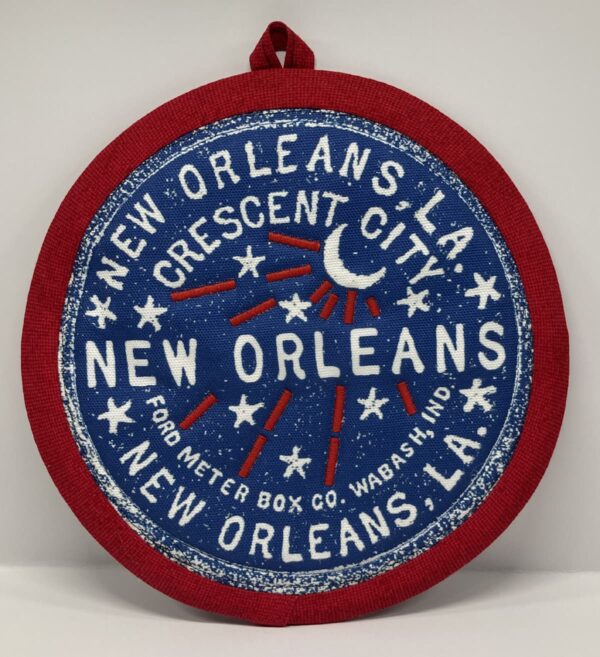 New Orleans' water meter inspired Potholders named for NOLA neighborhoods by Tracy Thomson of Kabuki Designs.