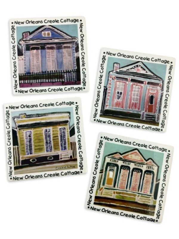 4 resin coasters featuring 4 different Creole Cottage designs.