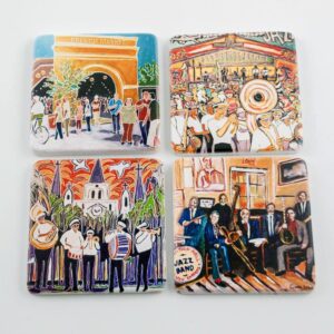 4 colorful resin coasters featuring the artwork of local artist Connie Kittok. French Market, Jazz Fest, Brass Band in front of St. Louis Cathedral, Preservation Hall Band.