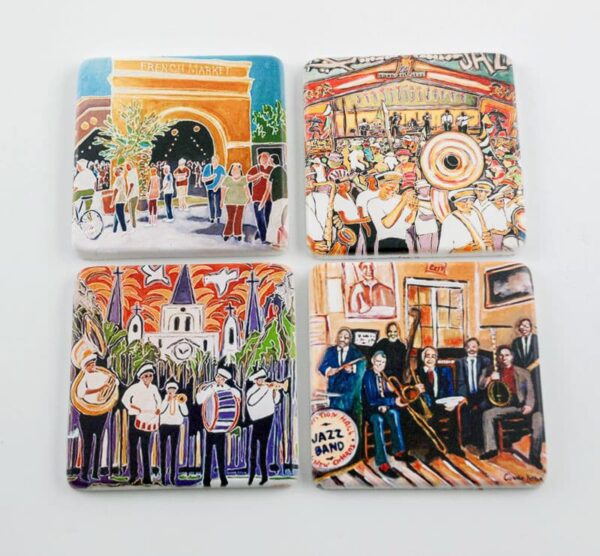 4 colorful resin coasters featuring the artwork of local artist Connie Kittok. French Market, Jazz Fest, Brass Band in front of St. Louis Cathedral, Preservation Hall Band.