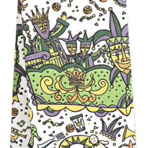 Kitchen Tea Towel - Mardi Gras Float with Mardi Gras images, jesters, riders, king cake, etc.