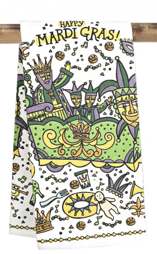 Kitchen Tea Towel - Mardi Gras Float with Mardi Gras images, jesters, riders, king cake, etc.