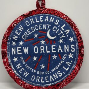 Hand sewn potholder by Tracy Thomson.