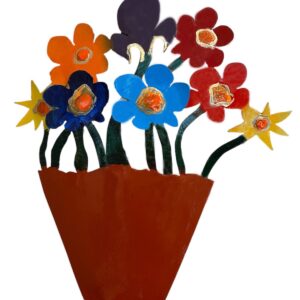 Metal Painted Flower Pot design with Flowers by Pat & André Juneau.